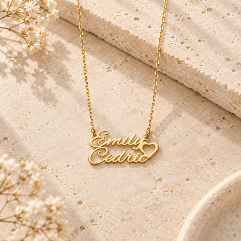 14K Gold Plated Double Names Necklace with Heart - 12-24 in M.0204