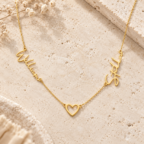 14K Gold Plated Two Names Necklace with Heart - 12-24 in M.0234