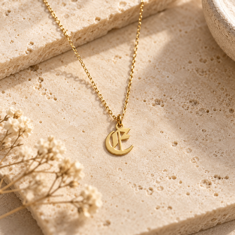 14K Gold Plated Old English Initial Necklace with Cable Chain - 12-24 in M.0303