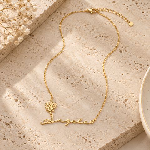 14K Gold Plated Name Necklace with Birth Flower - 12-24 in M.0269
