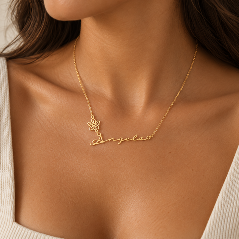 14K Gold Plated Name Necklace with Birth Flower - 12-24 in M.0269