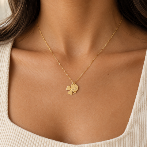 14K Gold Plated Four Leaf Clover Letter Necklace - 12-24 in M.0313