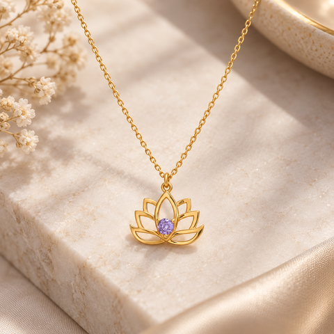 14K Gold Plated Birthstone Lotus Necklace - 12-24 in M.0182