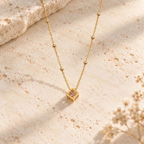 14K Gold Plated Birthstone Cube Necklace - 12-24 in M.0336