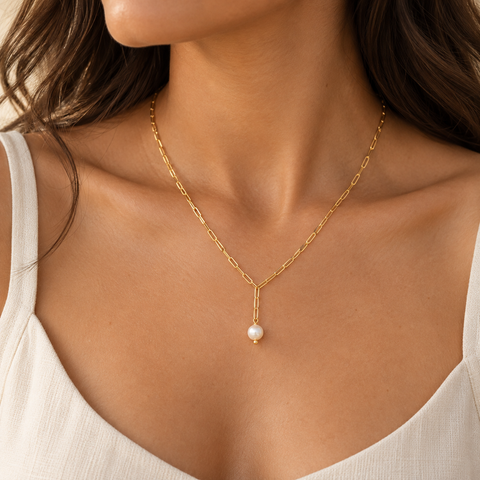 14K Gold Plated Paperclip Chain Pearl Necklace - 12-24 in M.0342