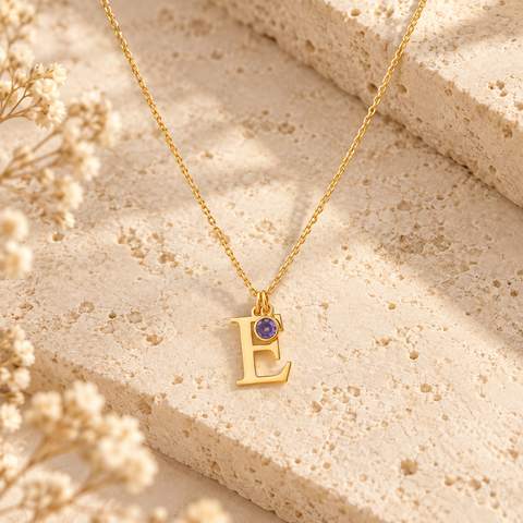 14K Gold Plated Initial Necklace with Birthstone - 12-24 in M.0003
