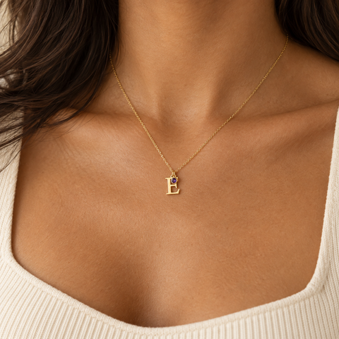 14K Gold Plated Initial Necklace with Birthstone - 12-24 in M.0003