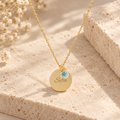 14K Gold Plated Custom Disc Name Necklace with Birthstone - 12-24 in M.0017