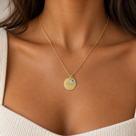 14K Gold Plated Custom Disc Name Necklace with Birthstone - 12-24 in M.0017