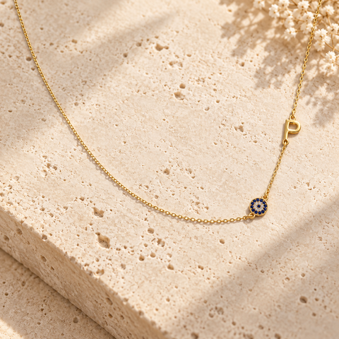 14K Gold Plated Evil Eye Sideway Letter Necklace - 12-24 in M.0014