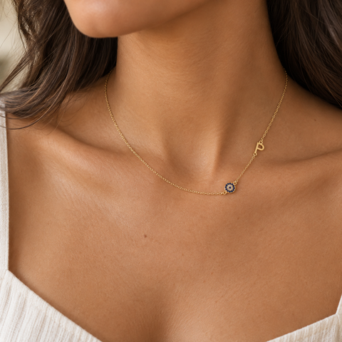 14K Gold Plated Evil Eye Sideway Letter Necklace - 12-24 in M.0014