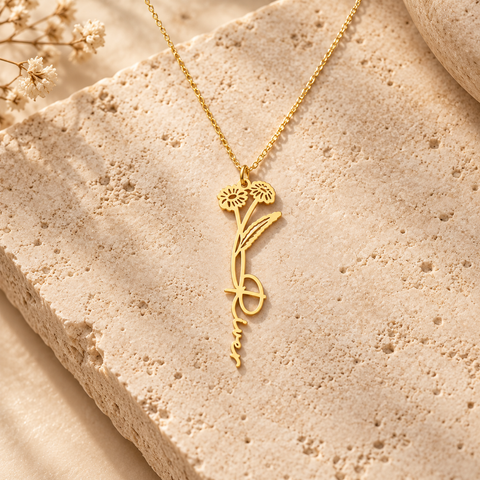 14K Gold Plated Birth Flower Name Necklace with Birthstone - 12-24 in M.0019