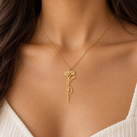 14K Gold Plated Birth Flower Name Necklace with Birthstone - 12-24 in M.0019