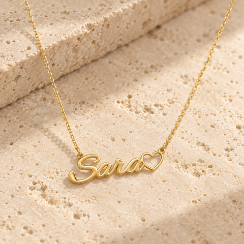 14K Gold Plated Name Necklace with Heart - 12-24 in M.0025