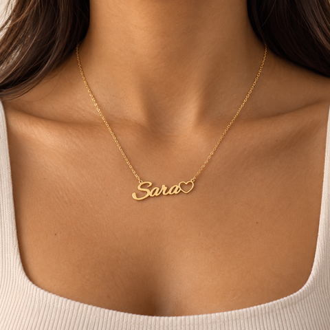 14K Gold Plated Name Necklace with Heart - 12-24 in M.0025