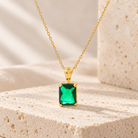 14K Gold Plated Rectangle Emerald Necklace - 12-24 in M.0187
