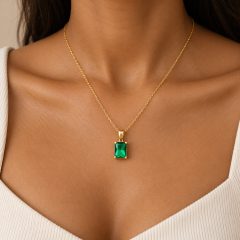 14K Gold Plated Rectangle Emerald Necklace - 12-24 in M.0187