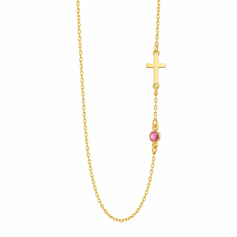 14K Gold Plated Birthstone Side Cross Necklace - 12-24 in M.0216