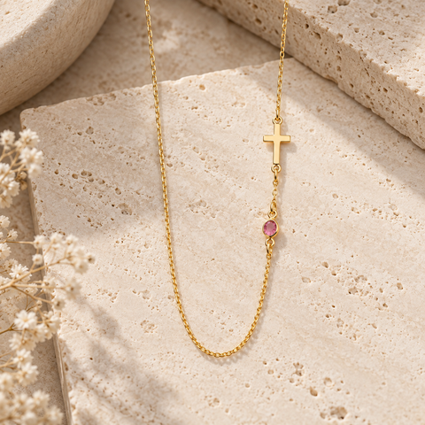 14K Gold Plated Birthstone Side Cross Necklace - 12-24 in M.0216