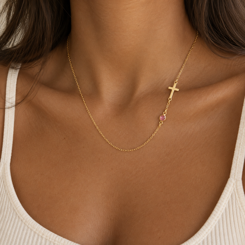 14K Gold Plated Birthstone Side Cross Necklace - 12-24 in M.0216