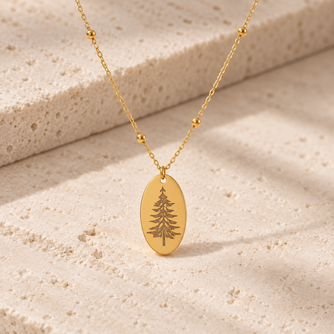 14K Gold Plated Oval Pine Tree Necklace - 12-24 in M.0290