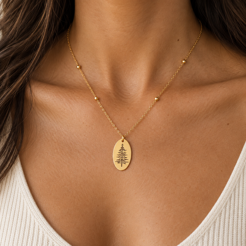 14K Gold Plated Oval Pine Tree Necklace - 12-24 in M.0290