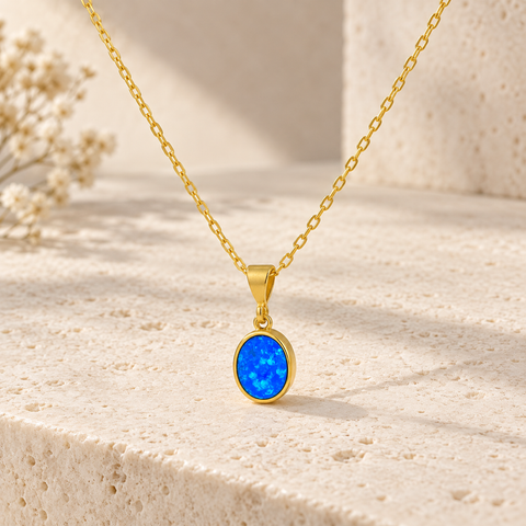 14K Gold Plated Turquoise Stone Oval Necklace - 12-24 in M.0330