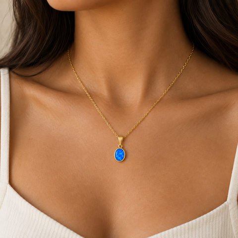 14K Gold Plated Turquoise Stone Oval Necklace - 12-24 in M.0330