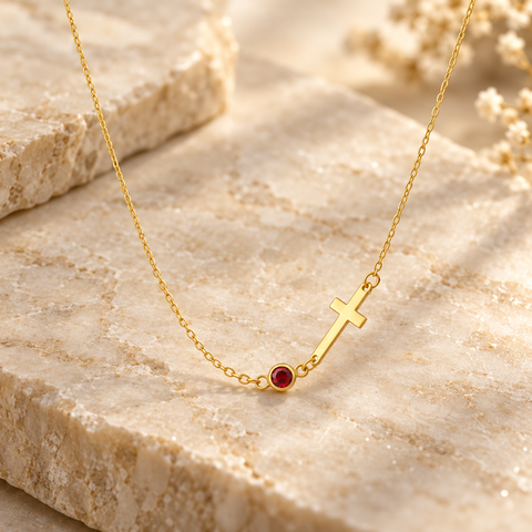 14K Gold Plated Row Birthstone Cross Necklace - 12-24 in M.0343