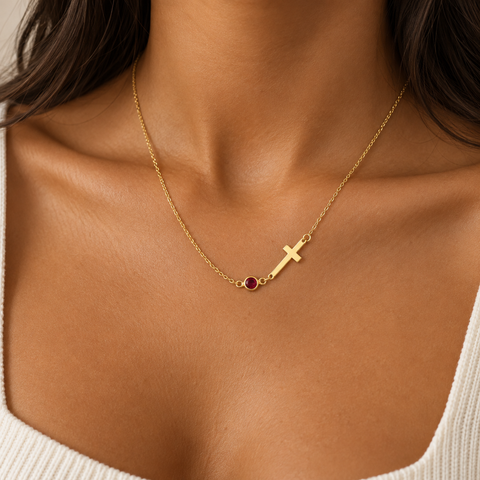 14K Gold Plated Row Birthstone Cross Necklace - 12-24 in M.0343