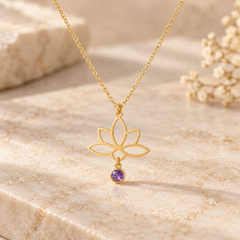 14K Gold Plated Dangling Birthstone Lotus Necklace - 12-24 in M.0345