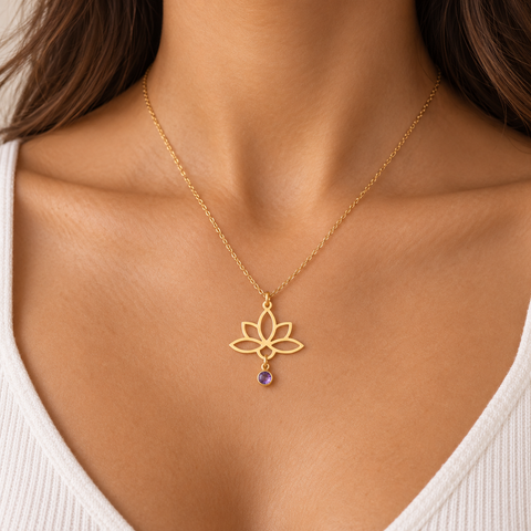 14K Gold Plated Dangling Birthstone Lotus Necklace - 12-24 in M.0345