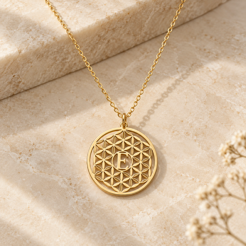 14K Gold Plated Letter Flower of Life Necklace - 12-24 in M.0358