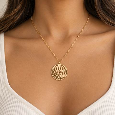 14K Gold Plated Letter Flower of Life Necklace - 12-24 in M.0358