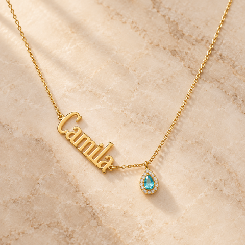14K Gold Plated Drop Stone Sideways Name Necklace - 12-24 in M.0364