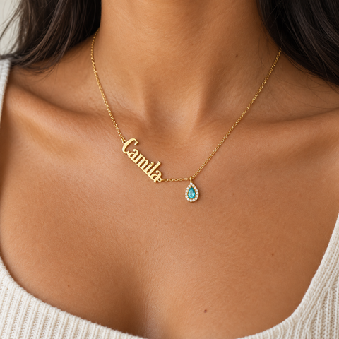 14K Gold Plated Drop Stone Sideways Name Necklace - 12-24 in M.0364