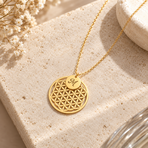 14K Gold Plated Flower of Life Letter Disc Necklace - 12-24 in M.0371