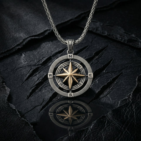 Double Sided Men Compass Necklace - 20-26 in - M.0461