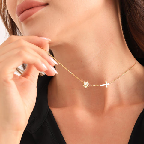 14K Gold Sideways Cross Birthflower Necklace - 12-24 in M.0270