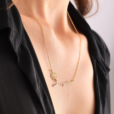 14K Gold Name Necklace with Birth Flower - 12-24 in M.0269