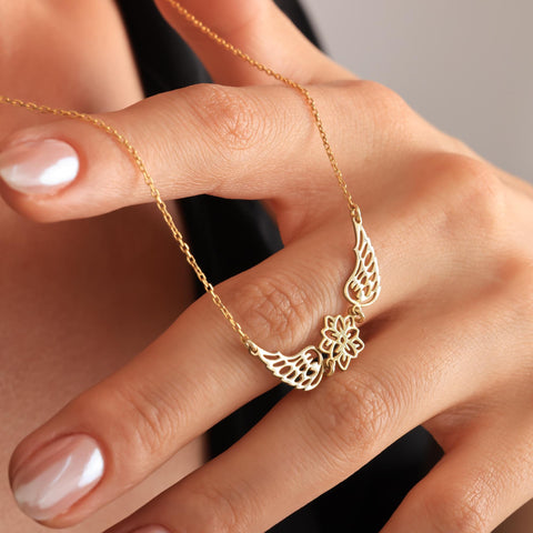14K Gold Angel Wings with Birthflower - 12-24 in M.0273
