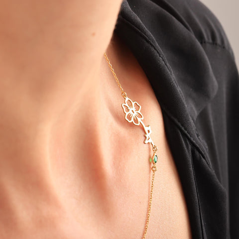 14K Gold Dainty Birthflower Birthstone Necklace with Initial - 12-24 in  M.0274