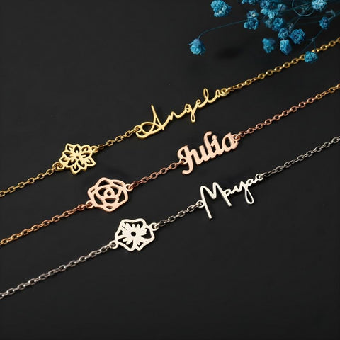 14K Gold Name Bracelet with Birth Flower - 3.5-10 in M.0061