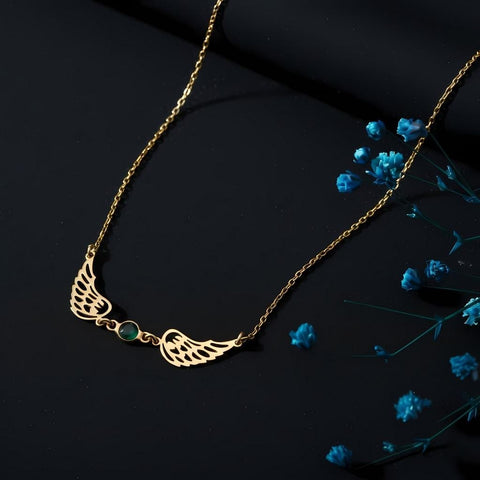 14K Gold Angel Wings Necklace with Birthstone- 12-24 in M.0272