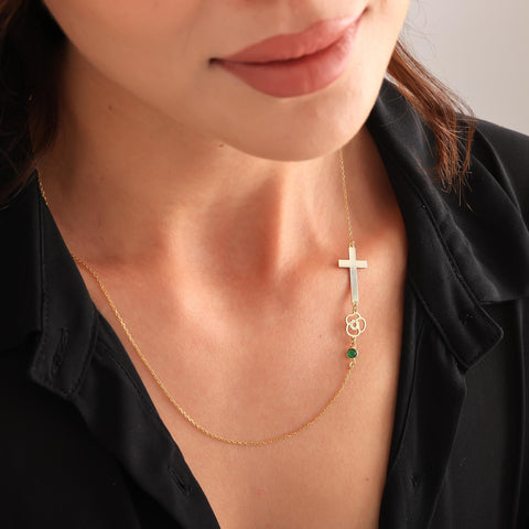14K Gold Cross Necklace with Birthstone and Birth Flower - 12-24 in M.0268
