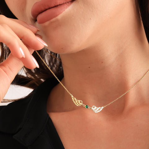 14K Gold Angel Wings Necklace with Birthstone- 12-24 in M.0272