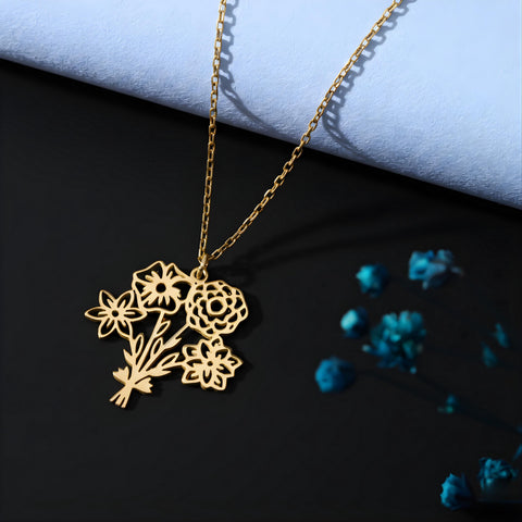 14K Gold Multiple Birth Flower Bouquet Necklace - 12-24 in M.0045