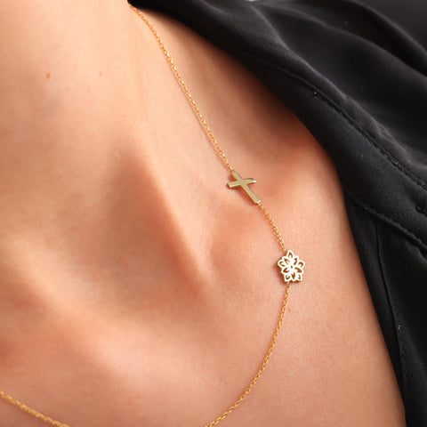 14K Gold Sideways Cross Birthflower Necklace - 12-24 in M.0270