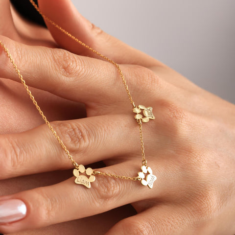 14K Gold Paw Print Name Necklace - 12-24 in M.0032