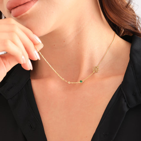 14K Gold Birth Flower Side Necklace with Birthstone and Initial - 12-24 in M.263